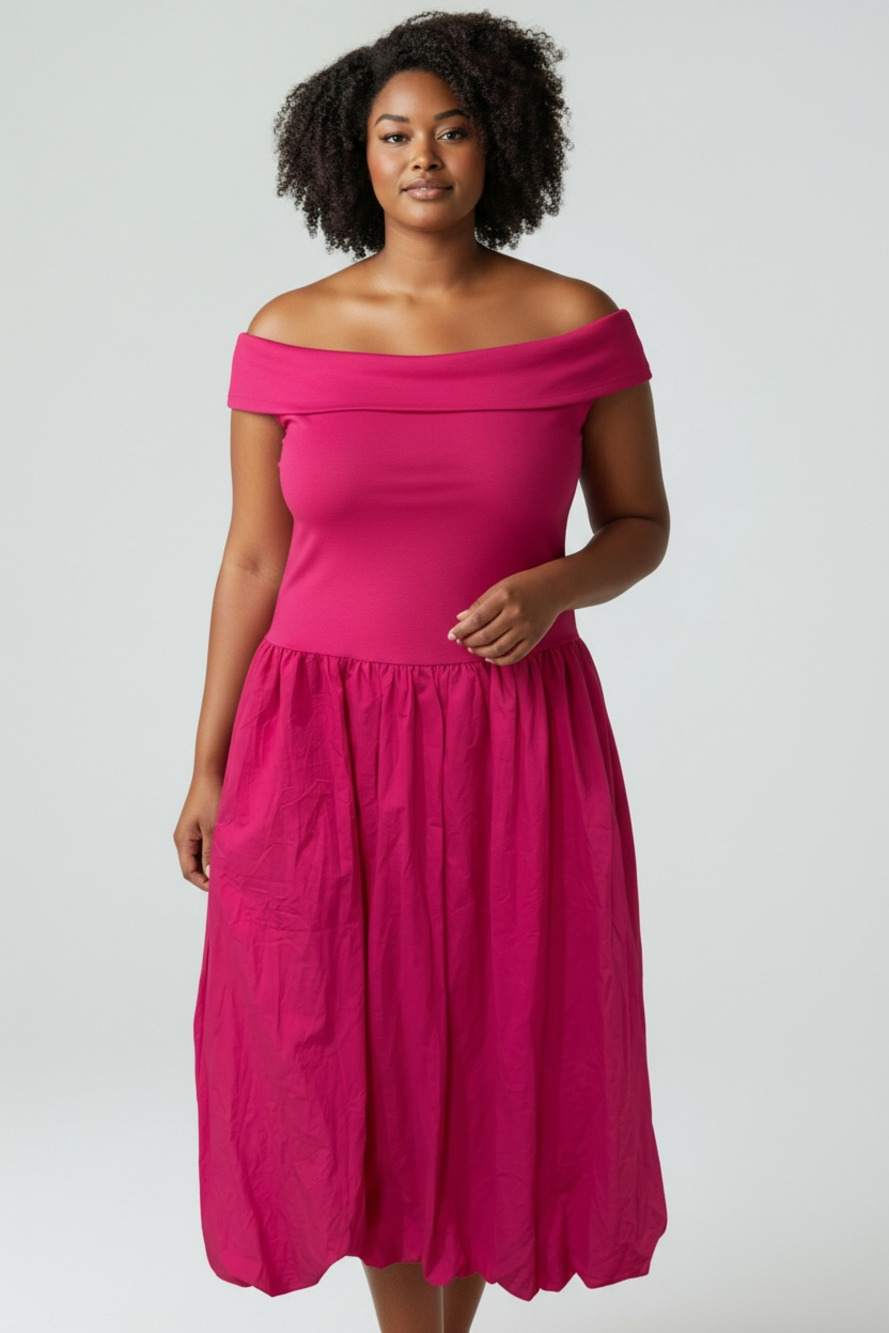 Women's Off Shoulder Midi Bubble Dress Fuchsia Pink Size Medium